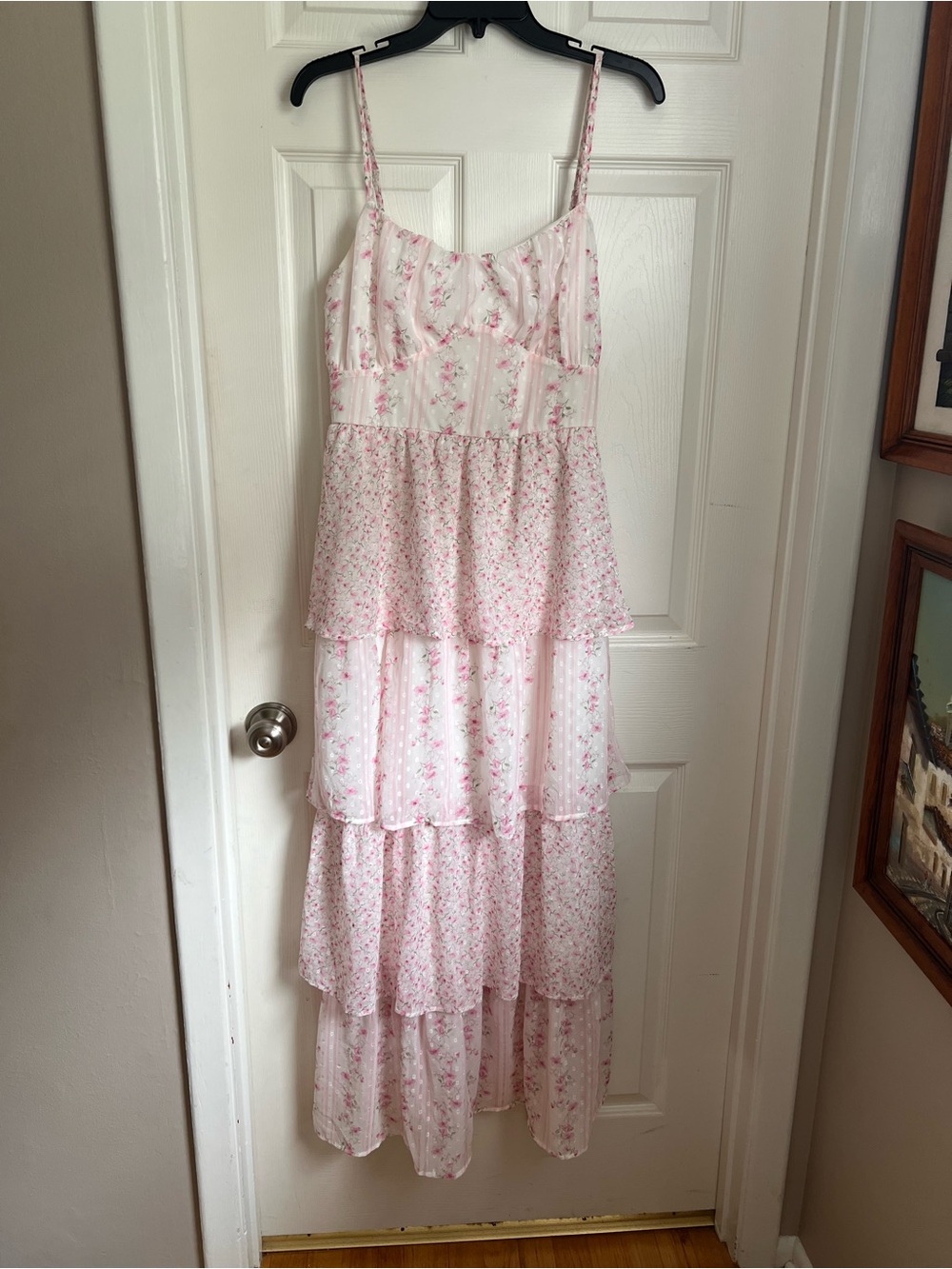 Francesca's Collections Light Pink Floral Tiered Maxi Dress